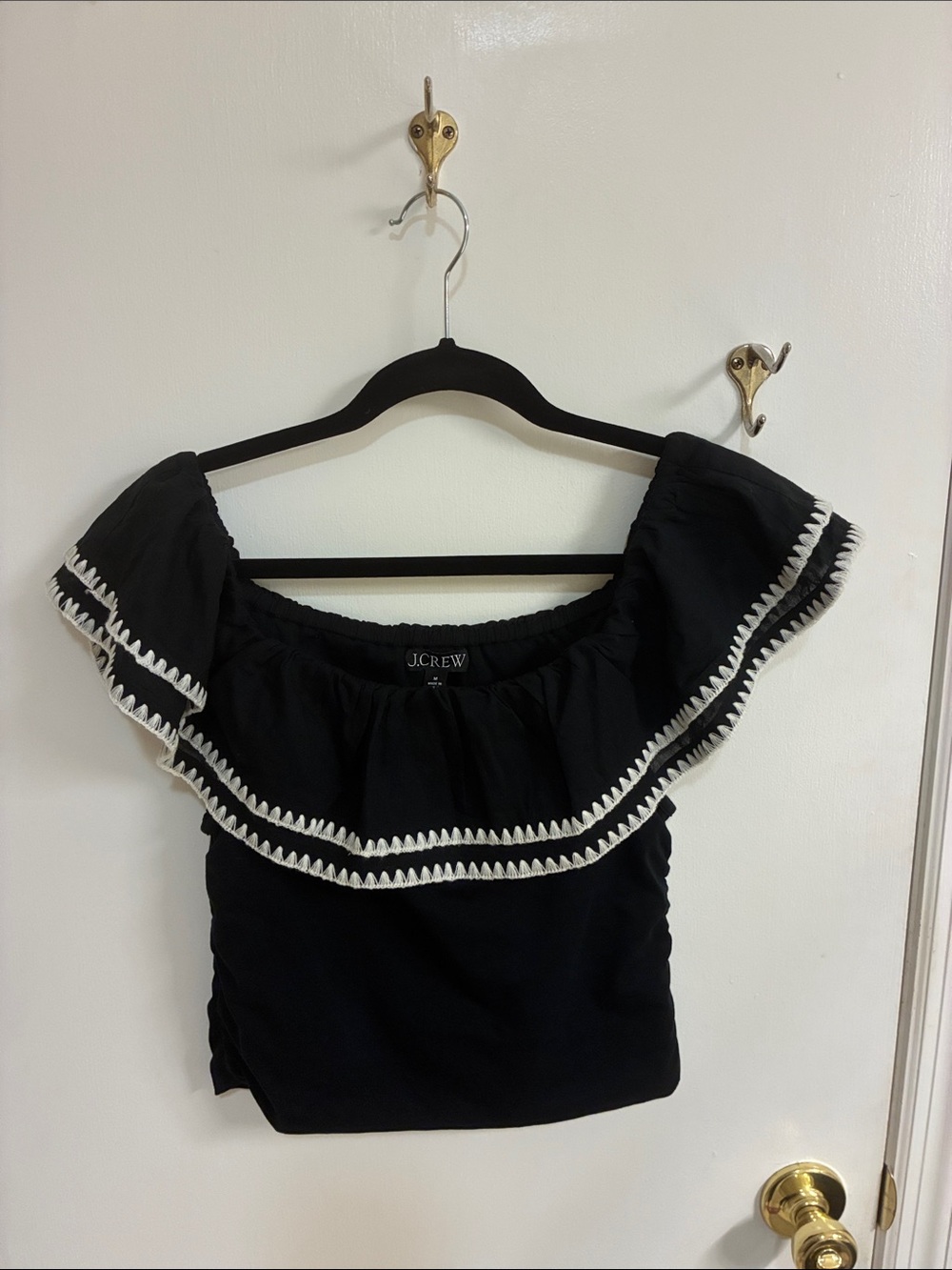 NWT J. Crew Black Off-the-Shoulder Crop Top with White Trim Sz M